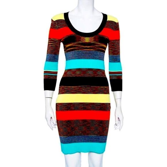 Diane Von Furstenburg Dress Stretch Striped print 3/4 sleeve mini scoop neck M - Picture 1 of 17